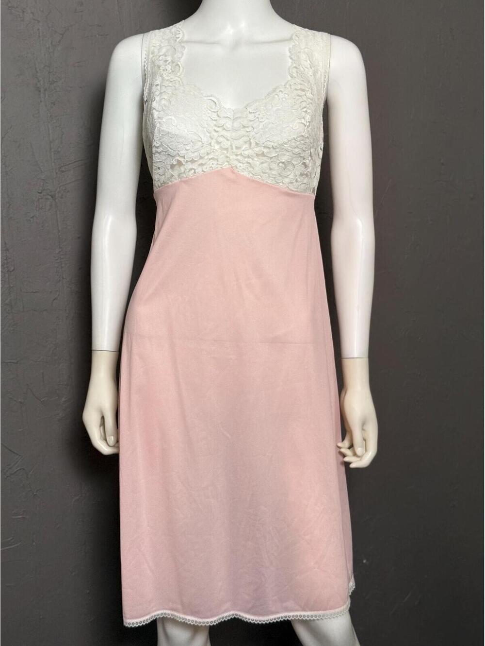 1950's Pink Nylon Slip Dress with White Lace from Van Raalte size 38